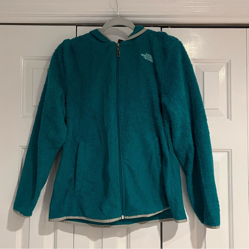 The North face women’s size large fleece logo zip up Sherpa hoodie in teal